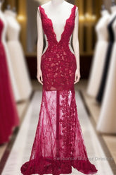 Long Mermaid V-neck Lace Appliques Semi Formal Dress with Slit